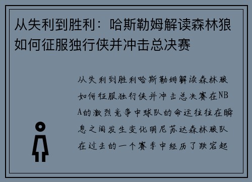 从失利到胜利：哈斯勒姆解读森林狼如何征服独行侠并冲击总决赛