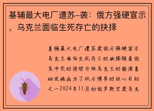 基辅最大电厂遭苏-袭：俄方强硬宣示，乌克兰面临生死存亡的抉择