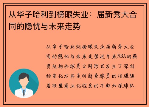 从华子哈利到榜眼失业：届新秀大合同的隐忧与未来走势