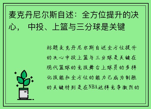 麦克丹尼尔斯自述：全方位提升的决心， 中投、上篮与三分球是关键